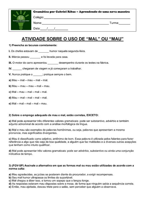 Atividades Uso Do Mal E Mau 5 Ano Com Gabarito - Atividade Mau E Mal 5 Ano - FDPLEARN