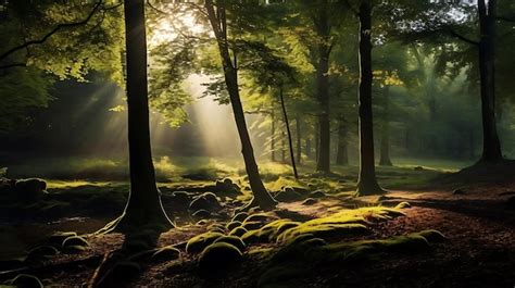 Premium AI Image | A forest with a light in the background