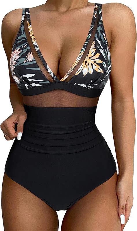 Beranmey Floral Print Women Sexy Mesh Tummy Control One Pieces Swimsuit