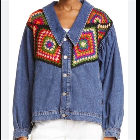 Farm Rio Jackets Coats Farm Rio Crochet Embroidered Denim Jacket