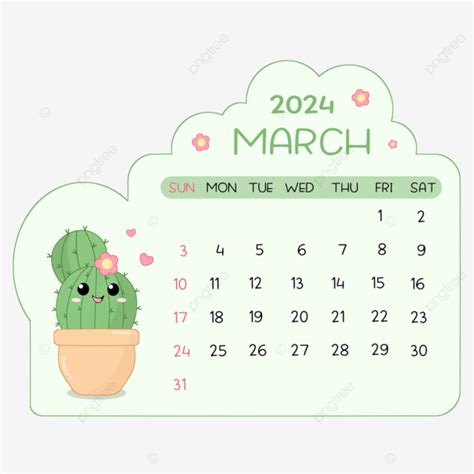 Calendario Marzo 2024 Lindo Cactus PNG Dibujos 2024 Calendario