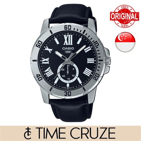 Time Cruze Casio Mtp Vd Black Leather Strap Analog Quartz Black