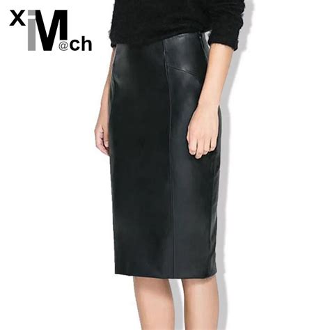 Autumn Fashion Sexy Pu Leather Skirts Side Zipper Back Slits Package Hip Pencil Skirt Black Faux