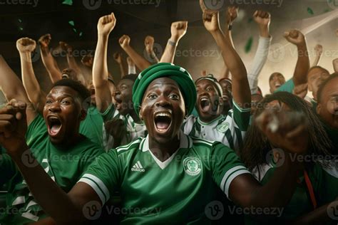 Excited Nigeria football fans cheering for their team during a game at stadium. ai generated pro ...