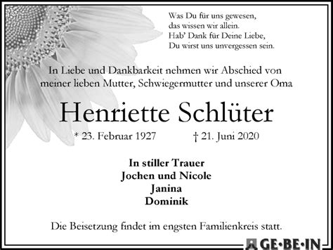 Traueranzeigen Von Henriette Schl Ter Trauer Gedenken