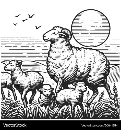 Sheep Grazing In Sunny Pastoral Landscape Vector Image