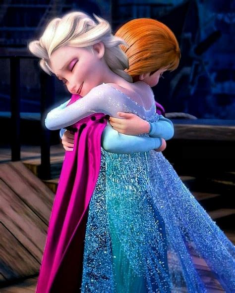 Two Frozen Princesses Hugging Each Other In Front Of A Wooden Bench At