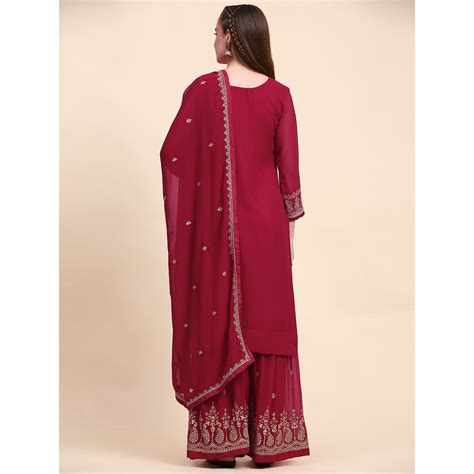 Maroon Floral Embroidered Georgette Semi Stitched Suit