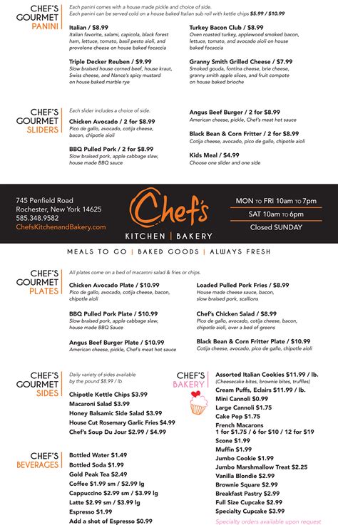 Menu | Chef's Kitchen and Bakery