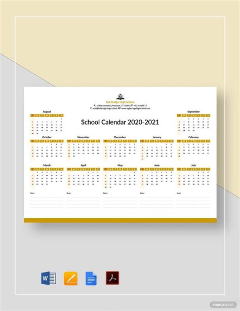 Editable School Calendar Template in Word, Pages, Google Docs, PDF ...