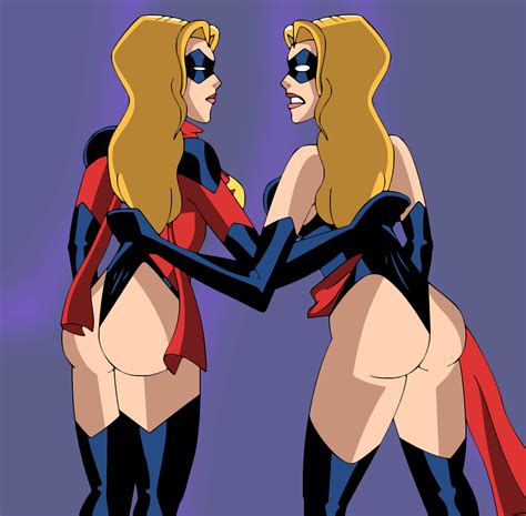 Rule 34 2girls Arms Behind Ass Focus Backview Blonde Hair Carol Danvers Clothed Female Digital