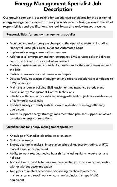 Energy Management Specialist Job Description Velvet Jobs