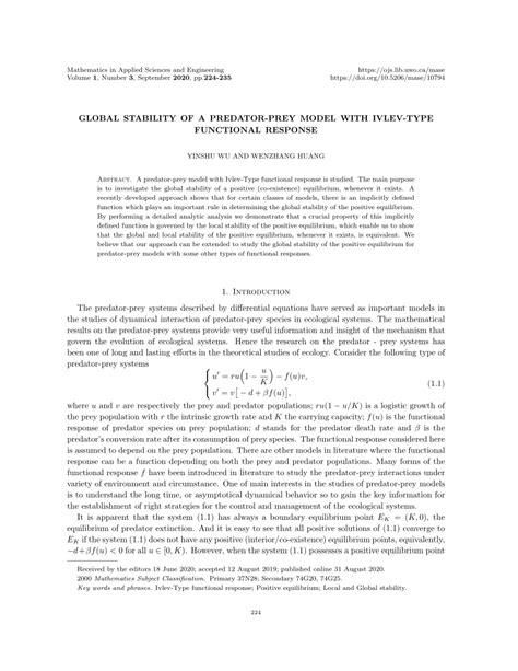 Pdf Global Stability Of A Predator Prey Model With Ivlev Type