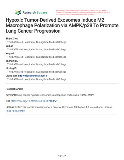 PDF Hypoxic Tumor Derived Exosomes Induce M2 Macrophage Polarization