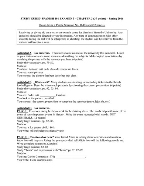 Study Guide Spanish 101 Examen 3