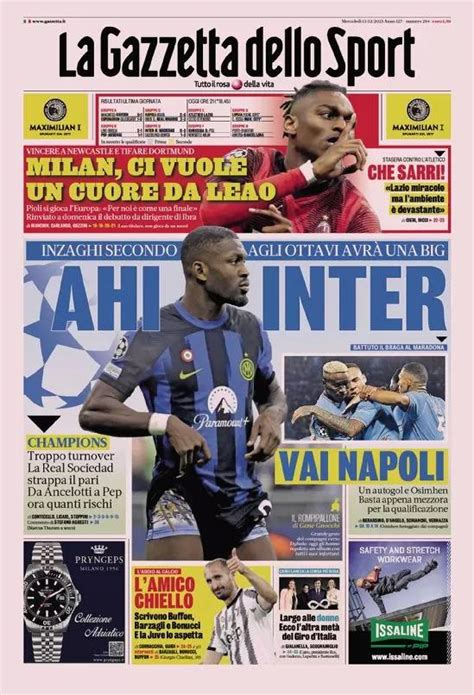 PRIMA PAGINA Gazzetta Dello Sport Ahi Inter Inzaghi Secondo Vai