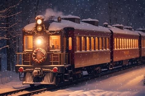 Premium AI Image | A train in the snow with a christmas wreath on the front