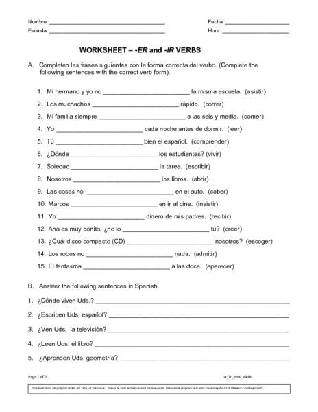 Spanish Worksheets Conjugating Verbs