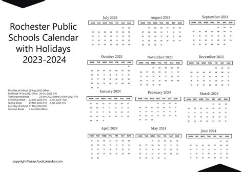 Rochester Public Schools Calendar with Holidays 2023-2024