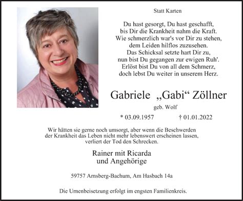 Traueranzeigen Von Gabriele Z Llner Trauer In Nrw De