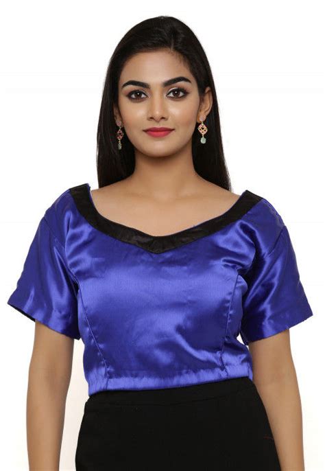 Buy Contrast Neckline Satin Blouse In Indigo Blue Online Ubd1027