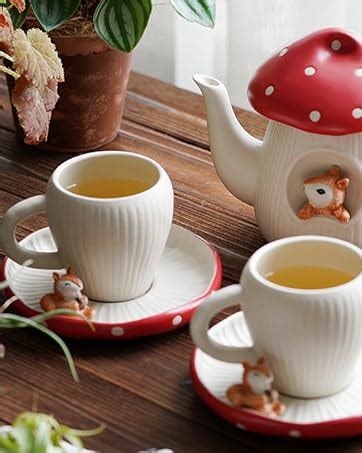 Resvuga Cute Mushroom Mug With Cute Squirrel Saucer Handmade Glaze