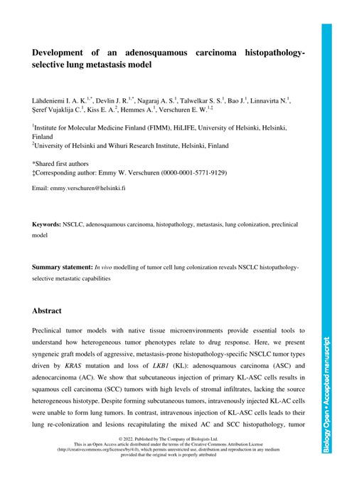 Pdf Development Of An Adenosquamous Carcinoma Histo Pathology