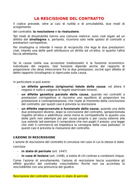 Rescissione E Risoluzione LA RESCISSIONE DEL CONTRATTO Il Codice