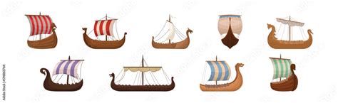 Scandinavian Marine Vessels or Viking Ship with Dragon Head Vector Set Stock Vector | Adobe Stock