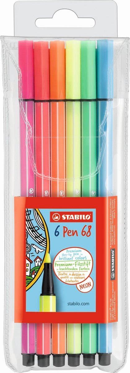 STABILO Pen 68 Premium Viltstift Etui Met 6 Neon Kleuren Bol