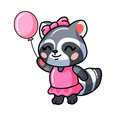 Cute Baby Raccoon Girl Cartoon Holding Pink Balloon 8948652 Vector Art