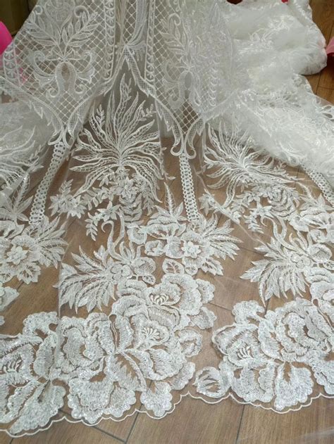 Off White French Rayon With Sequins Embroidery Tulle Mesh Lace Fabric