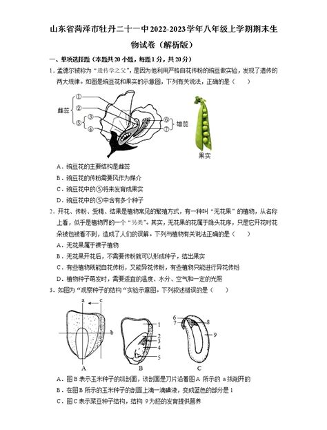 山东省菏泽市牡丹区二十一中2022 2023学年八年级上学期期末生物试卷 教习网试卷下载