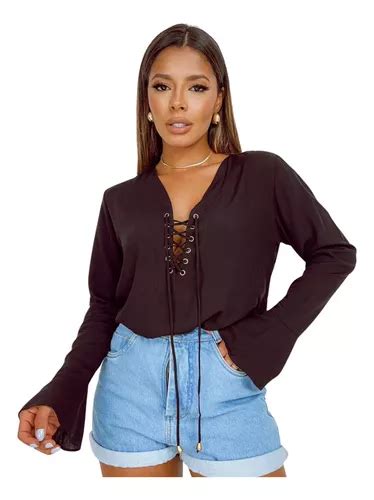 Blusa Camisa Feminina Decote Ilhos Manga Longa Flare Cordão MercadoLivre