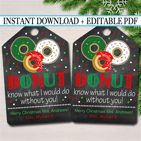 EDITABLE Donut Gift Tags Christmas Teacher Volunteer Nanny Babysitter