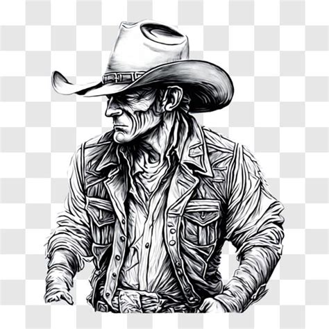 Download Old Cowboy in Western Attire - Black-and-White Drawing PNG Online - Creative Fabrica