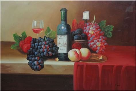 Still Life With Fruit Glass Of Wine And Fruit Plates Oil Painting