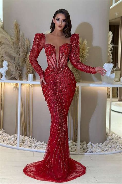 Gorgeous Red Deep V Neck Long Sleeves Mermaid Prom Dress With Beaded S