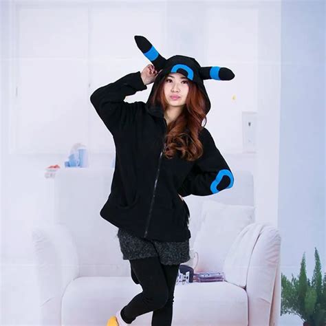 Anime Pokemon Shiny Umbreon Women Men Zip Hoodie With Ears Tails Cosplay Costume Hoody Jacket