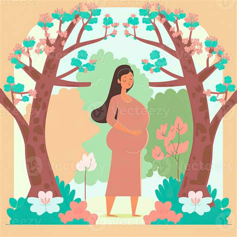 Illustration Of Pregnant Woman Rubbing Her Belly On Nature Background