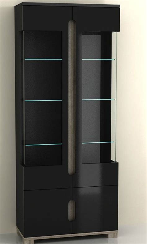 Black High Gloss Tall Display Cabinet 2 Glass Door Led Lights Office Furniture Modern Storage