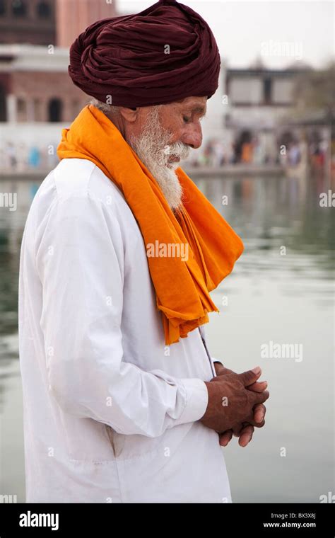 An Old Sikh Praying At The Golden Temple Amritsar Punjab India Stock