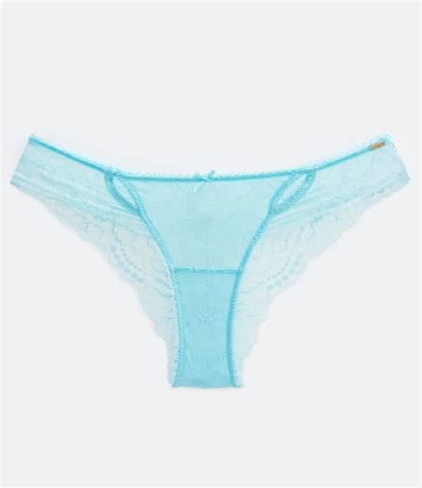 Bombacha Bikini en Encaje con Lazo Pequeño en la Cintura y Transparencia Azul