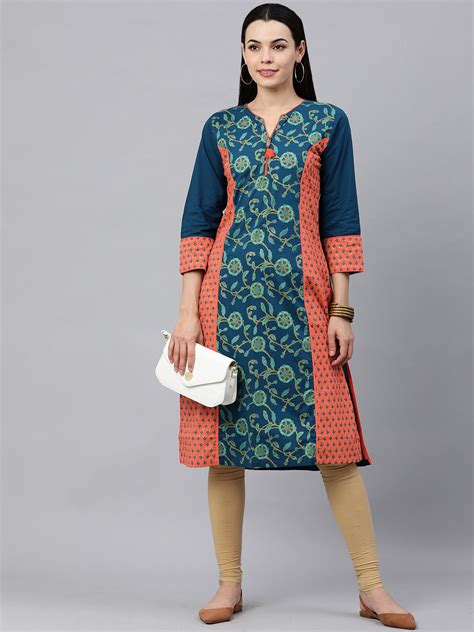 Kalini Women Navy Blue And Orange Ethnic Printed Pure Cotton Kurta