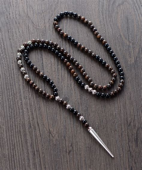 Men Necklace High End 6mm Bronzite Black Onyx With Spike Pendant Mens Rosary Necklace Mens