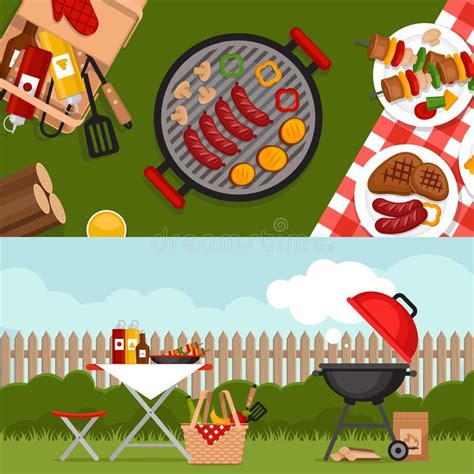 Barbecue Meat Chicken Vegetables Cartoon Flat Style Vector Illustration