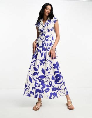 ASOS DESIGN Robe chemise longue en lin à imprimé fleuri abstrait avec