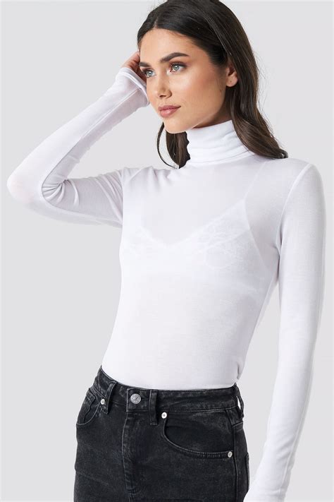 Polo Neck Long Sleeve Top White Fashion Long Sleeve Tops Polo Neck