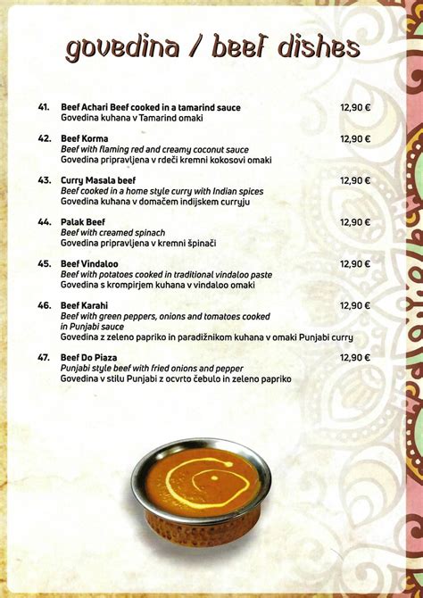 Menu at Taj Mahal Indian Restaurant, Ljubljana