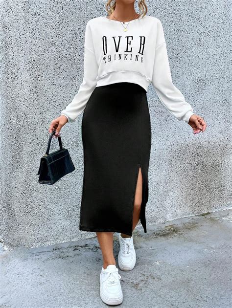 Shein Chicease Letter Graphic Drop Shoulder Sweatshirt And Split Thigh